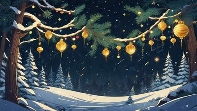 The primary subject of the image is a beautifully decorated Christmas tree. The tree is adorned with golden ornaments, creating a festive and warm atmosphere. The setting is a snowy landscape, with the tree standing tall in the middle of the scene. The visual style of the image is a combination of digital art and illustration, creating a captivating and visually appealing scene. The colors and mood of the image are predominantly warm and cozy, with the golden ornaments and snowy landscape evoking